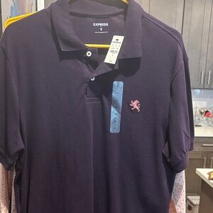 Express Men's Dark Purple Polo with Pink Logo